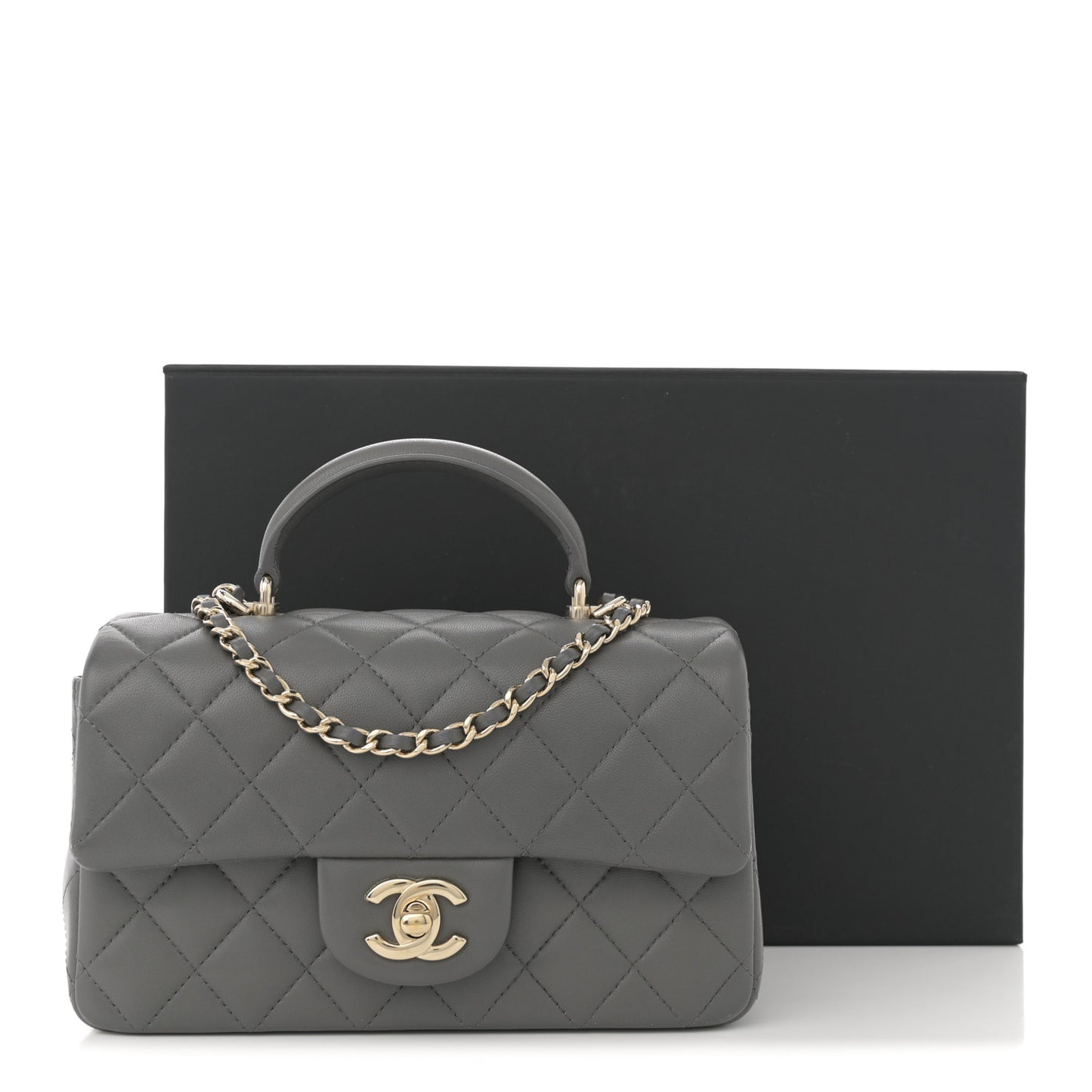 Lambskin Quilted Mini Top Handle Rectangular Flap Grey
