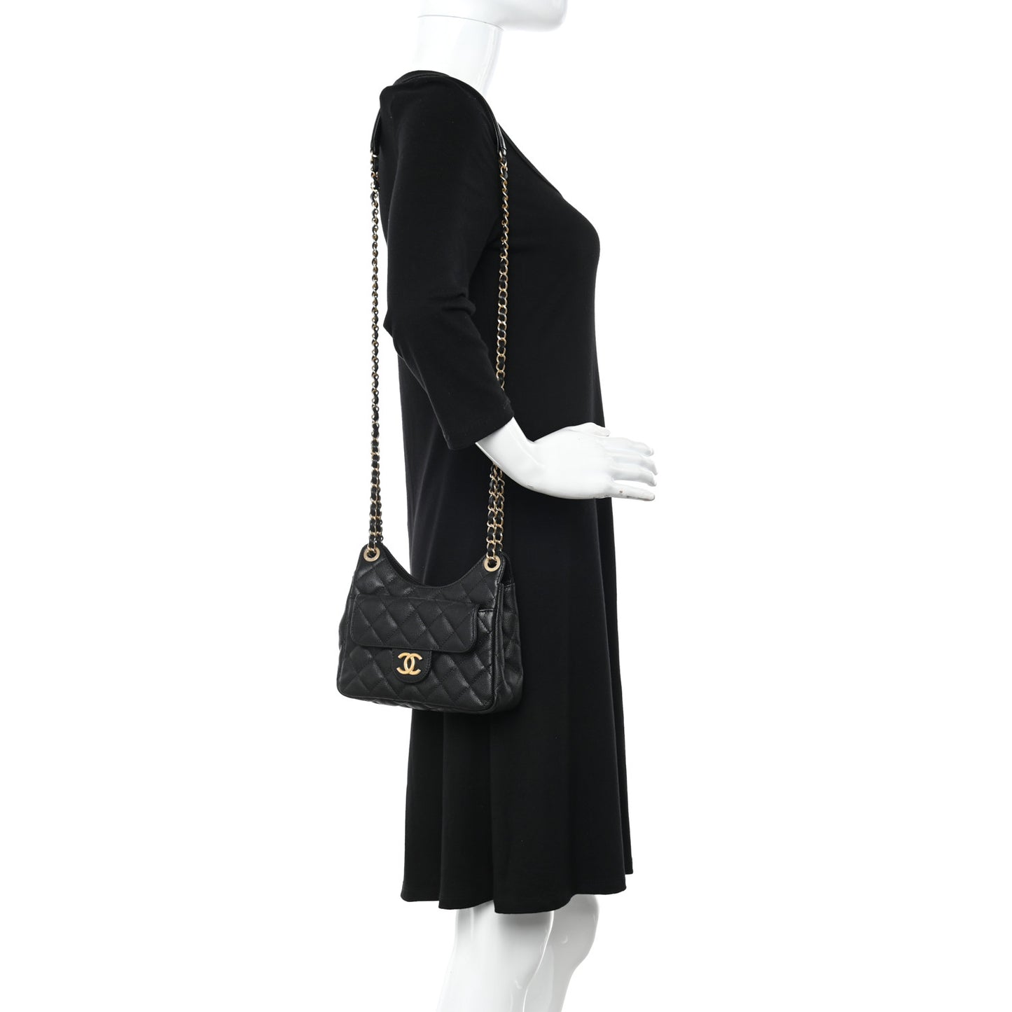 Caviar Quilted Small Wavy CC Hobo Black