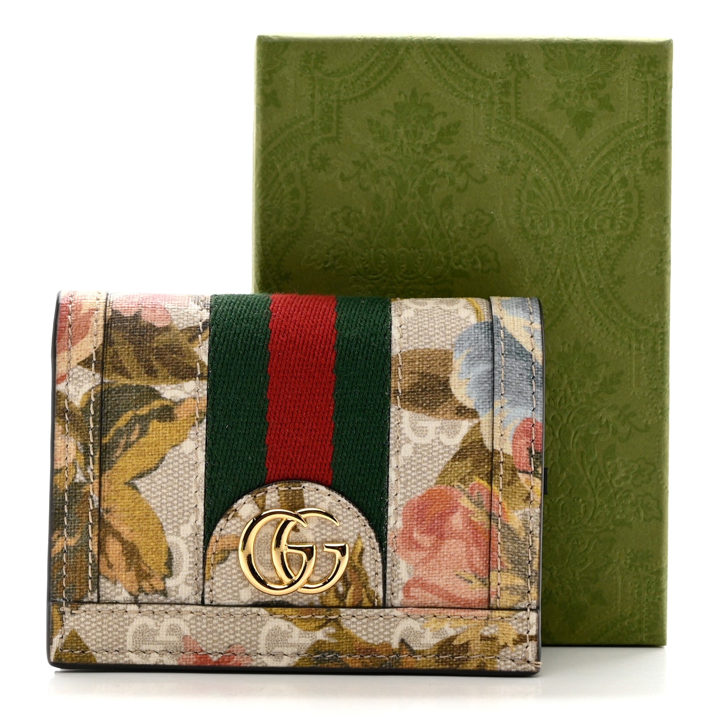 GG Supreme Monogram Water Flora Web Ophidia Card Case Beige White Multicolor