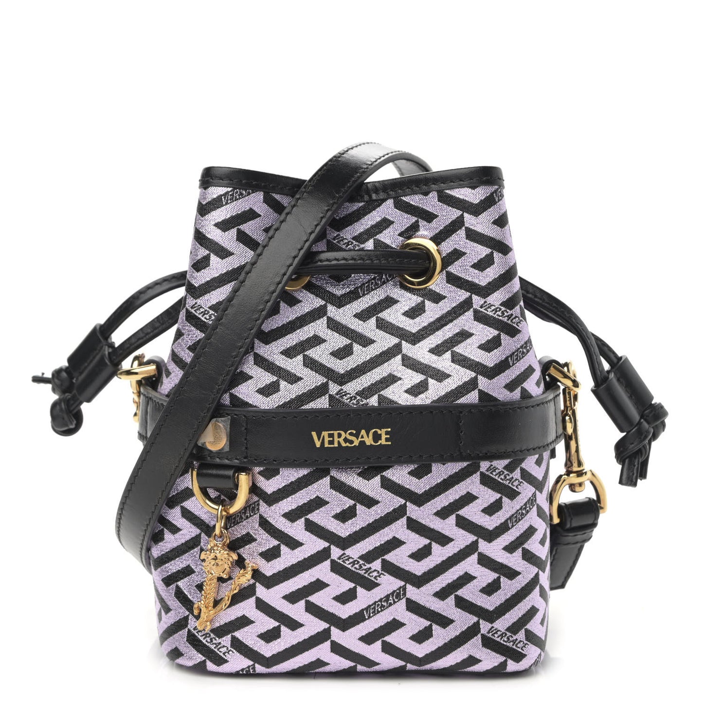 Coated Canvas La Greca Glitter Print Mini Bucket Bag Orchid Black