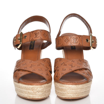 Louis Vuitton Calfskin Monogram Embossed Espadrille Wedge Sandals 36.5 Cognac 2 of 9