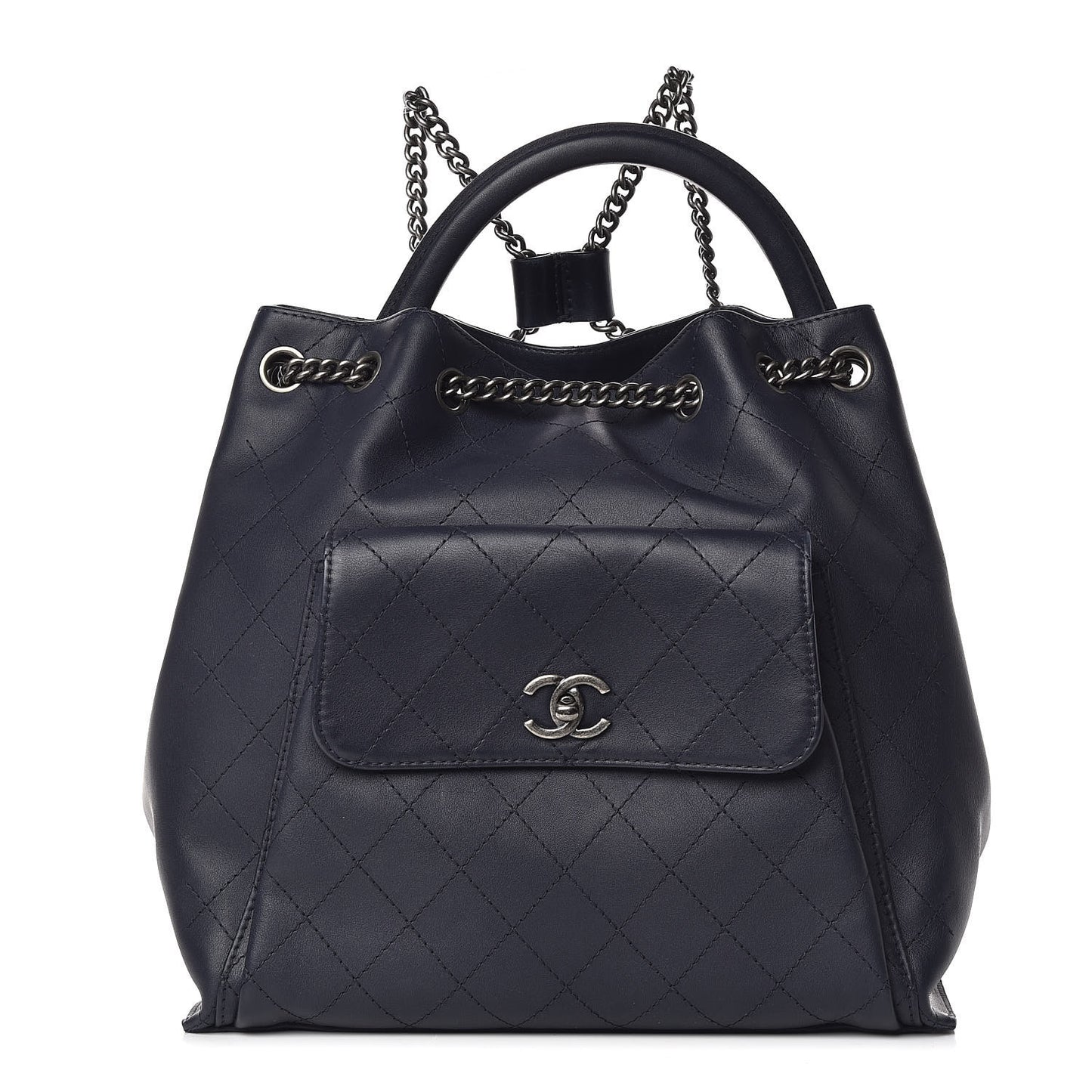 Calfskin Stitched Large Urban Luxury Drawstring Backpack Navy Blue