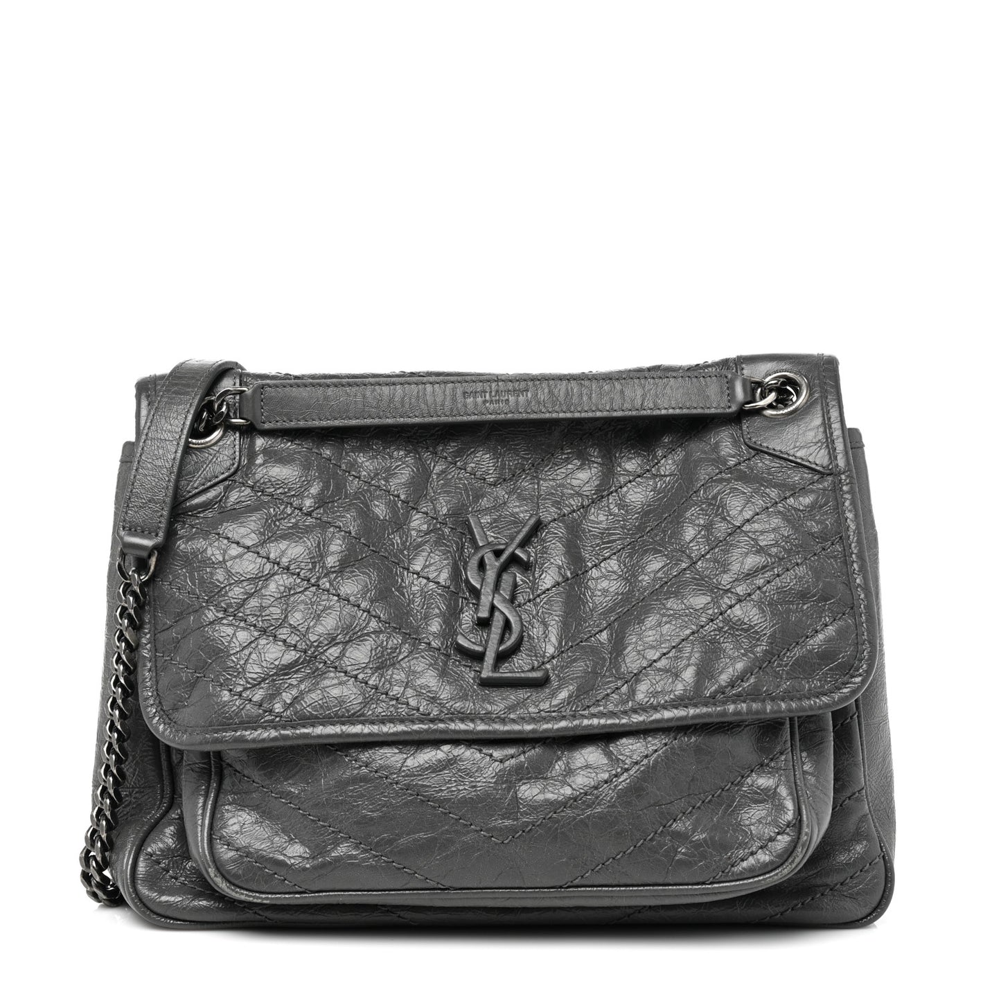 Crinkled Calfskin Matelasse Monogram Medium Niki Chain Satchel Fog