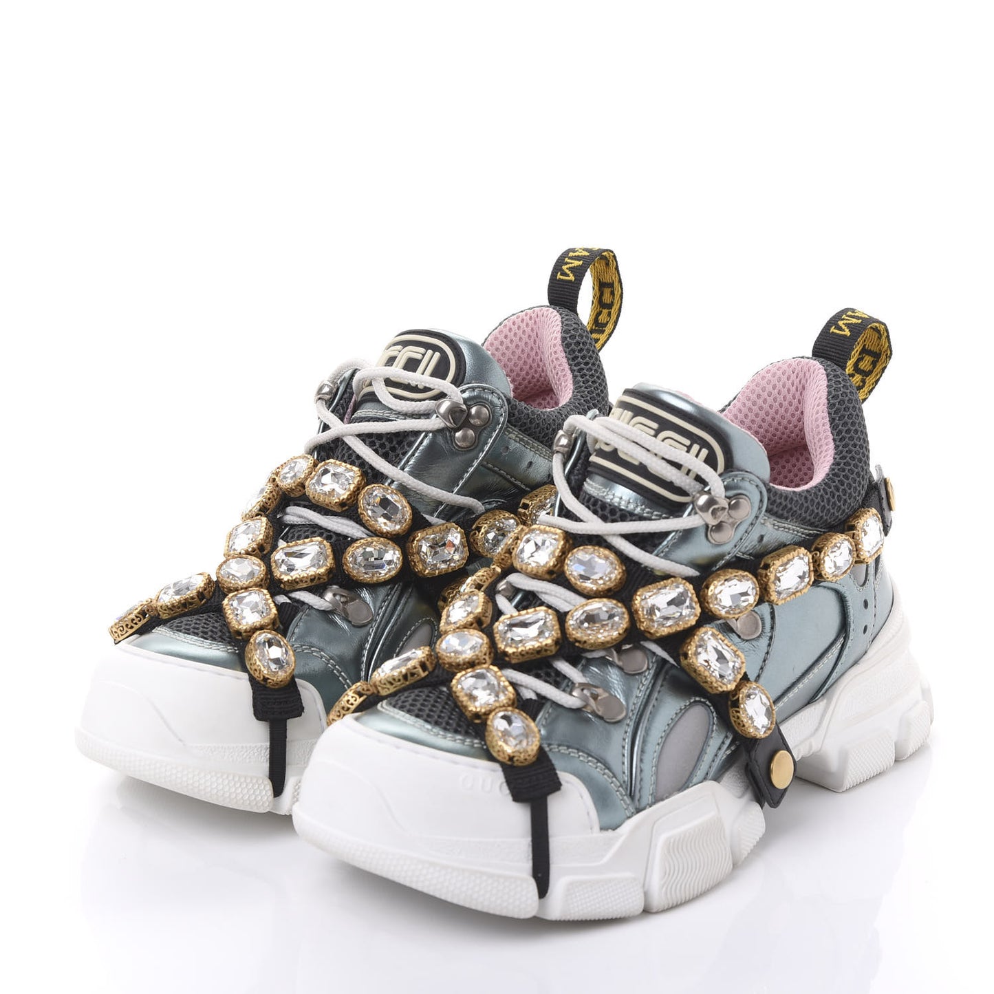 X SEGA Metallic Calfskin Removable Crystals Womens Flashtrek Sneakers 36.5 Lago Loess Silver