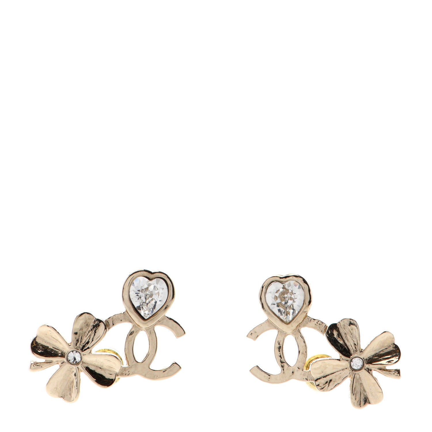 Chanel Crystal Shamrock CC Heart Earrings Gold 1 of 4