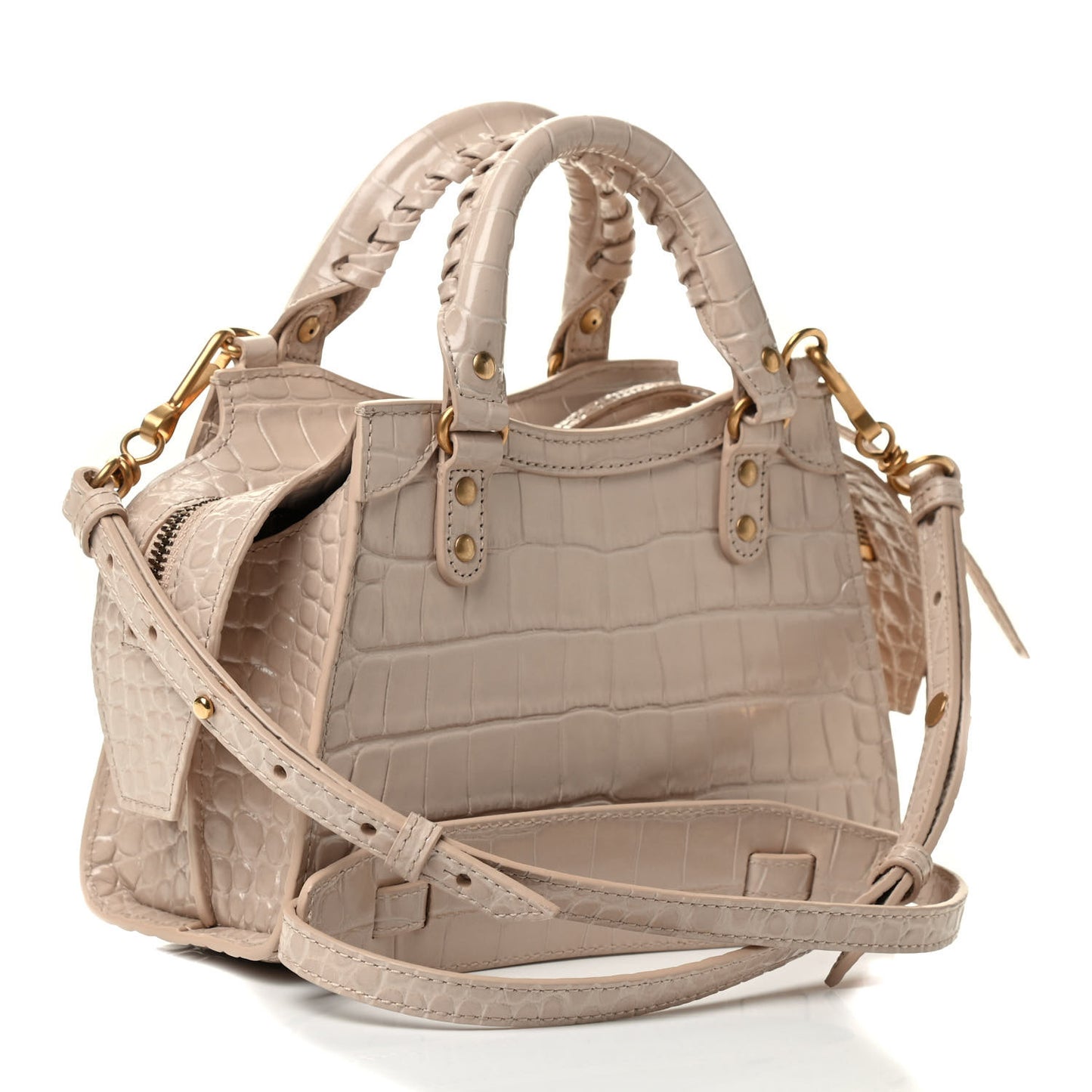 Shiny Supple Calfskin Crocodile Embossed Neo Classic Gold Hardware Mini City Light Beige
