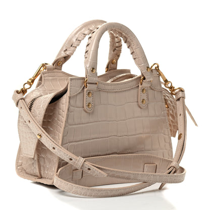 Balenciaga Shiny Supple Calfskin Crocodile Embossed Neo Classic Gold Hardware Mini City Light Beige 2 of 8