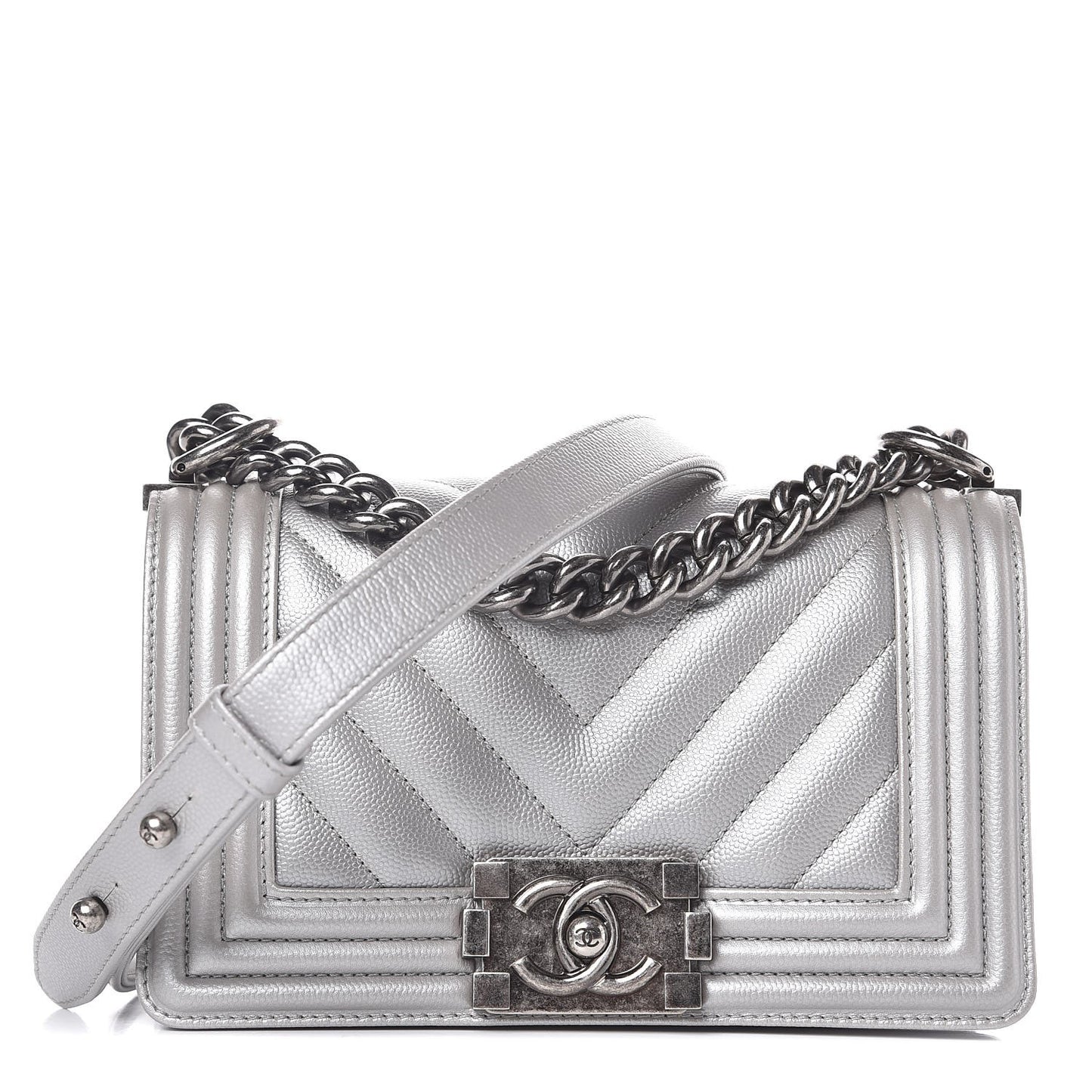 Metallic Caviar Chevron Quilted Small Boy Flap Silver