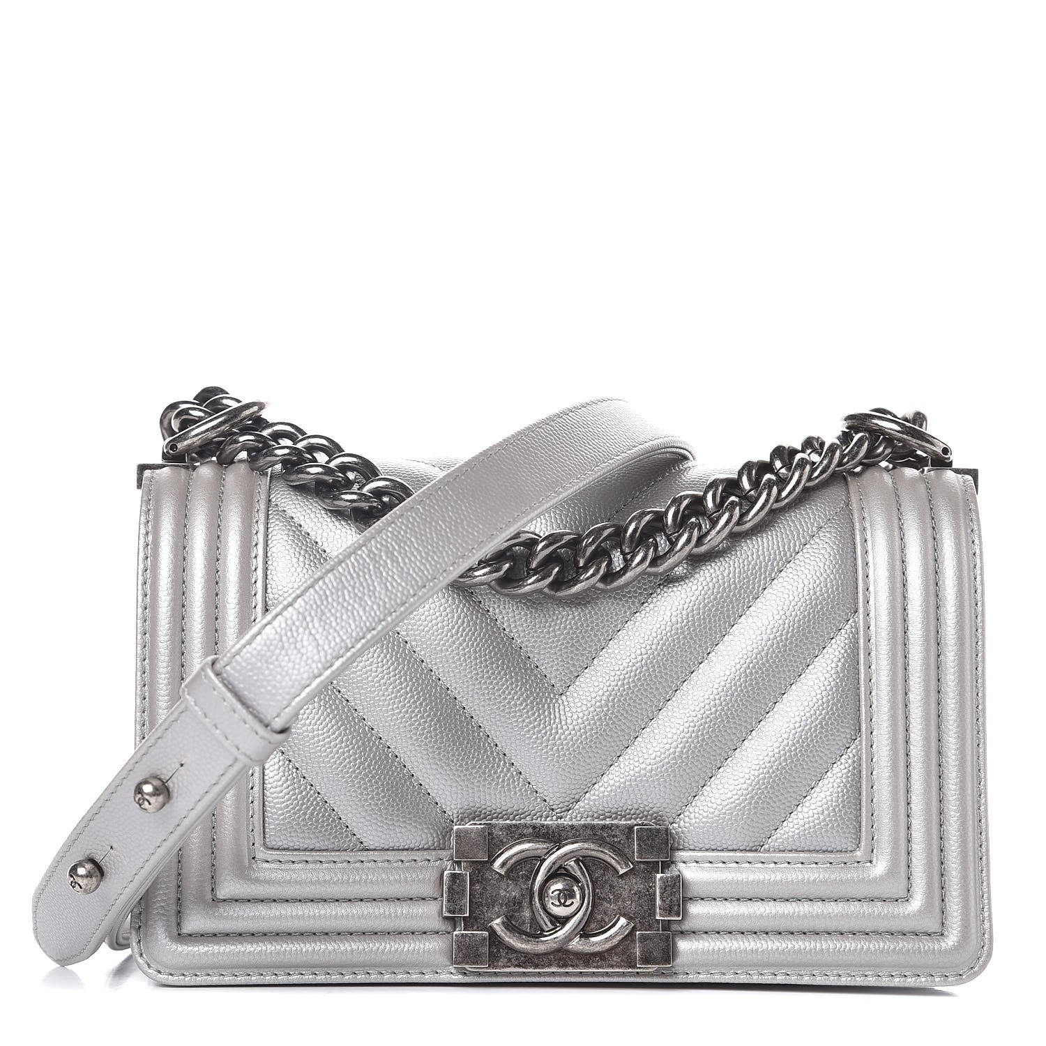 Chanel Metallic Caviar Chevron Quilted Small Boy Flap Silver 1 of 7