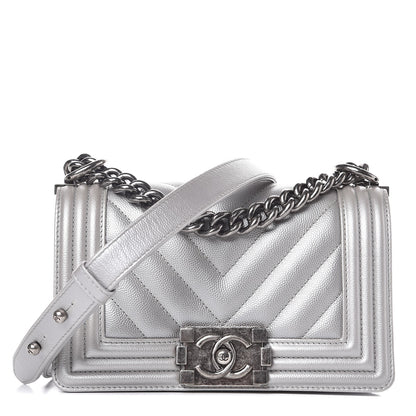 Chanel Metallic Caviar Chevron Quilted Small Boy Flap Silver 1 of 7