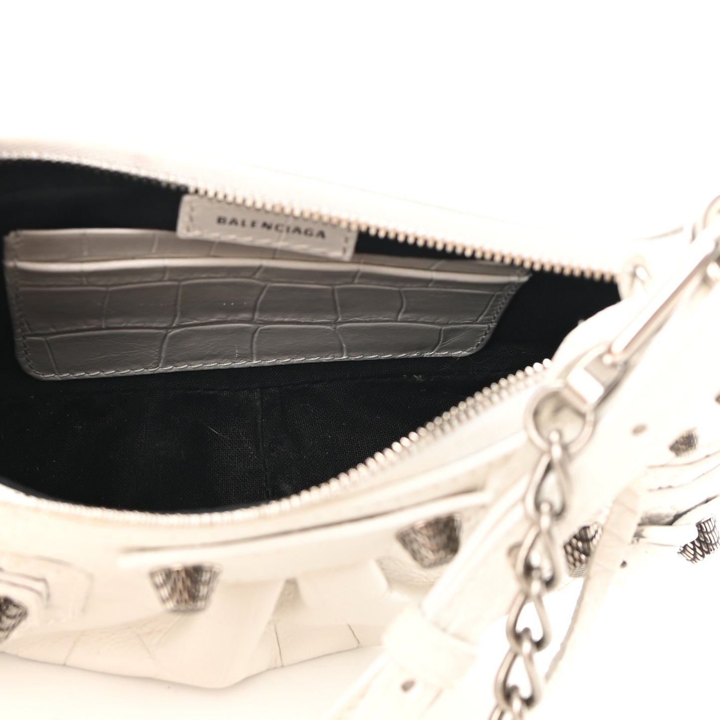 Extra Supple Calfskin Crocodile Embossed Le Cagole Mini Purse With Chain White