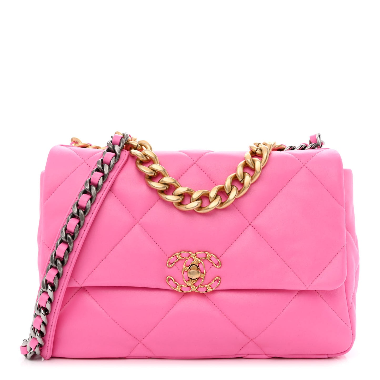Lambskin Quilted Large Chanel 19 Flap Neon Pink
