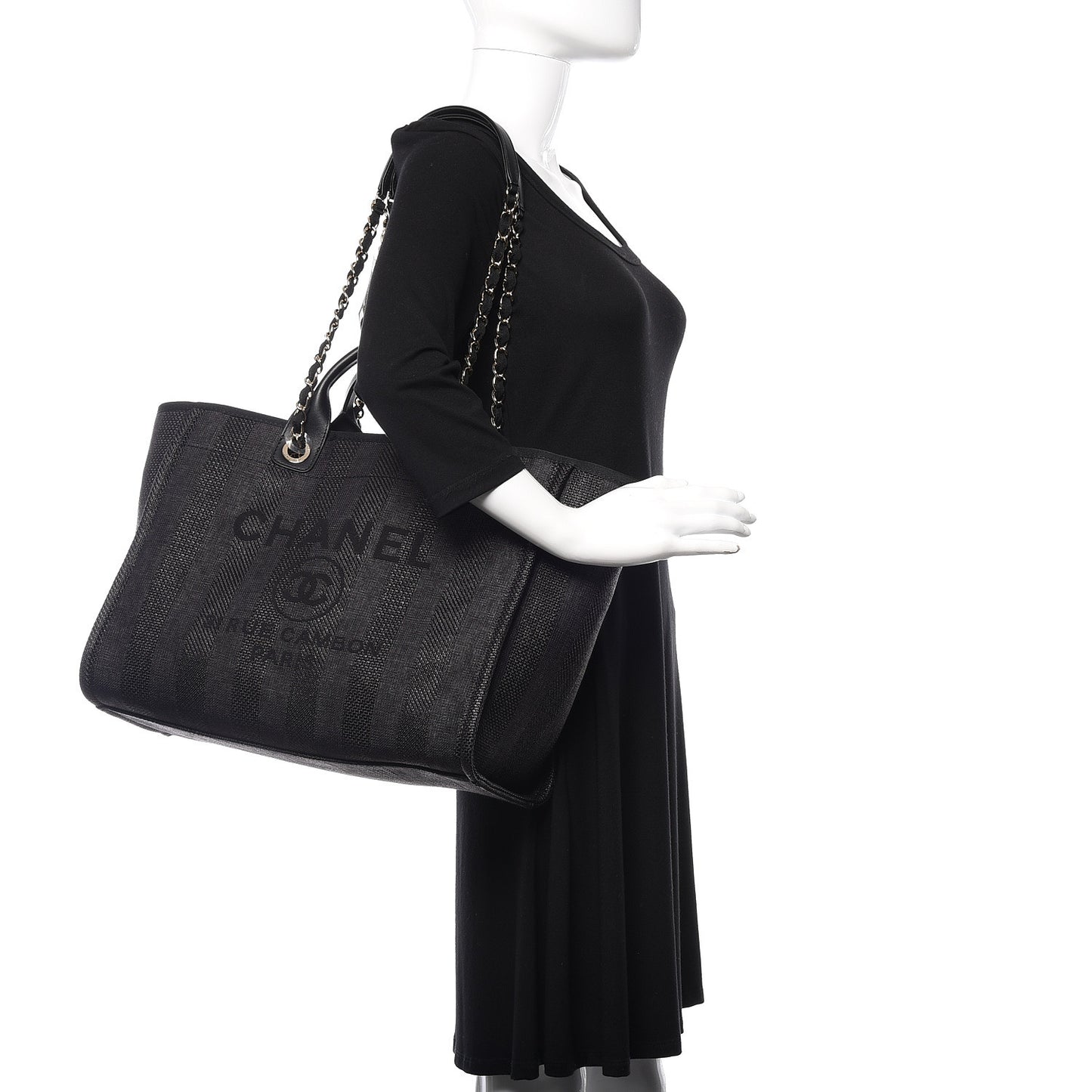Straw Raffia Calfskin Striped Large Deauville Tote Black