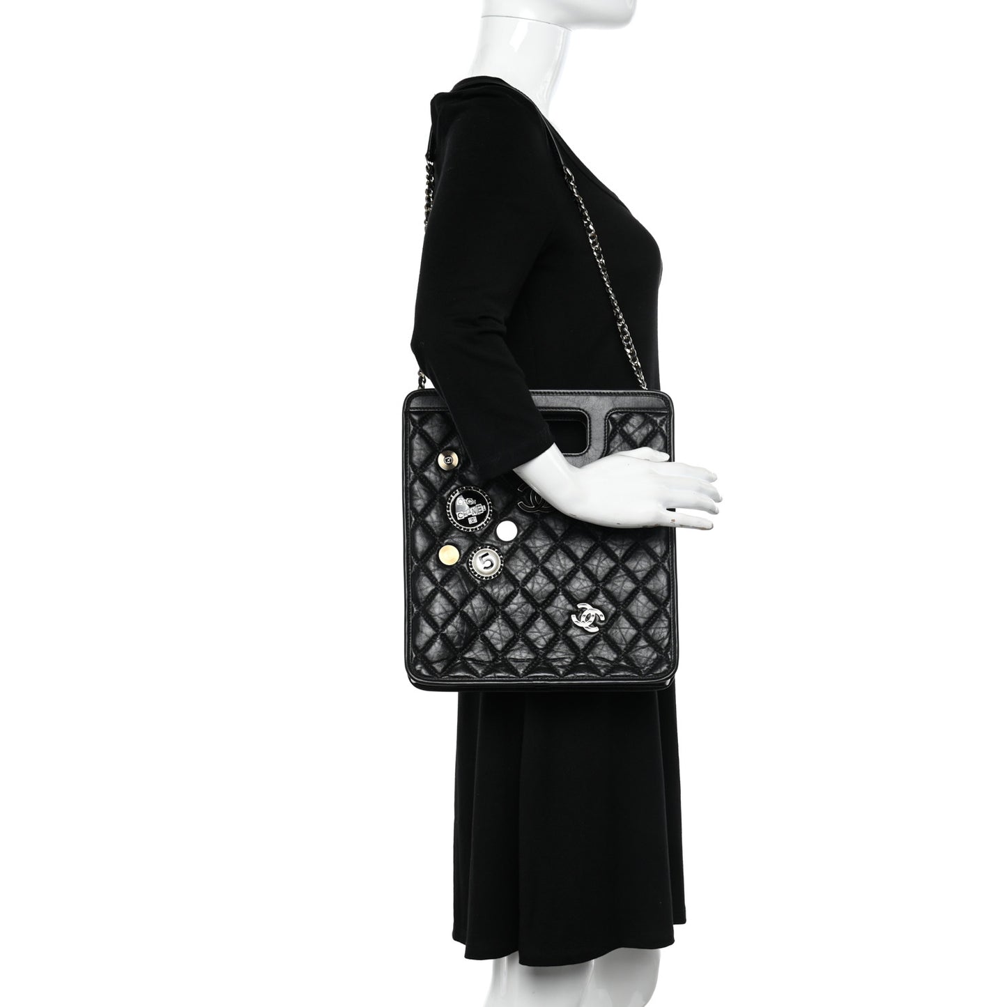 Aged Calfskin Small Charms Shopping Bag Black