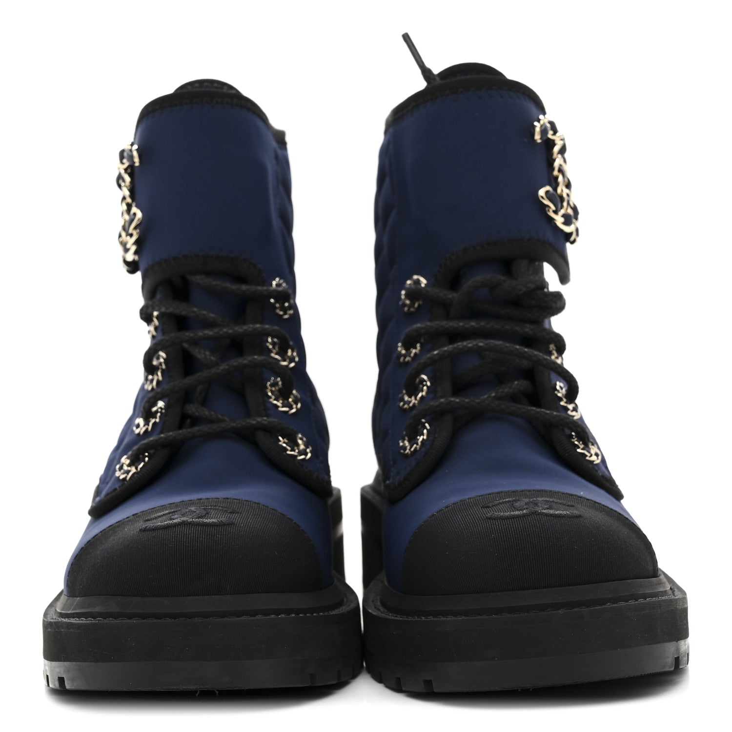 Chanel Fabric Grosgrain Quilted Cap Toe Lace Up Combat Boots 36.5 Navy Black 3 of 9
