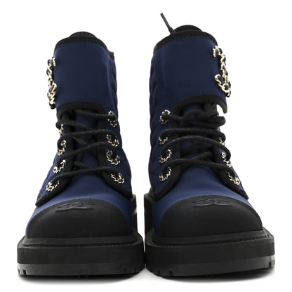 Chanel Fabric Grosgrain Quilted Cap Toe Lace Up Combat Boots 36.5 Navy Black 3 of 9