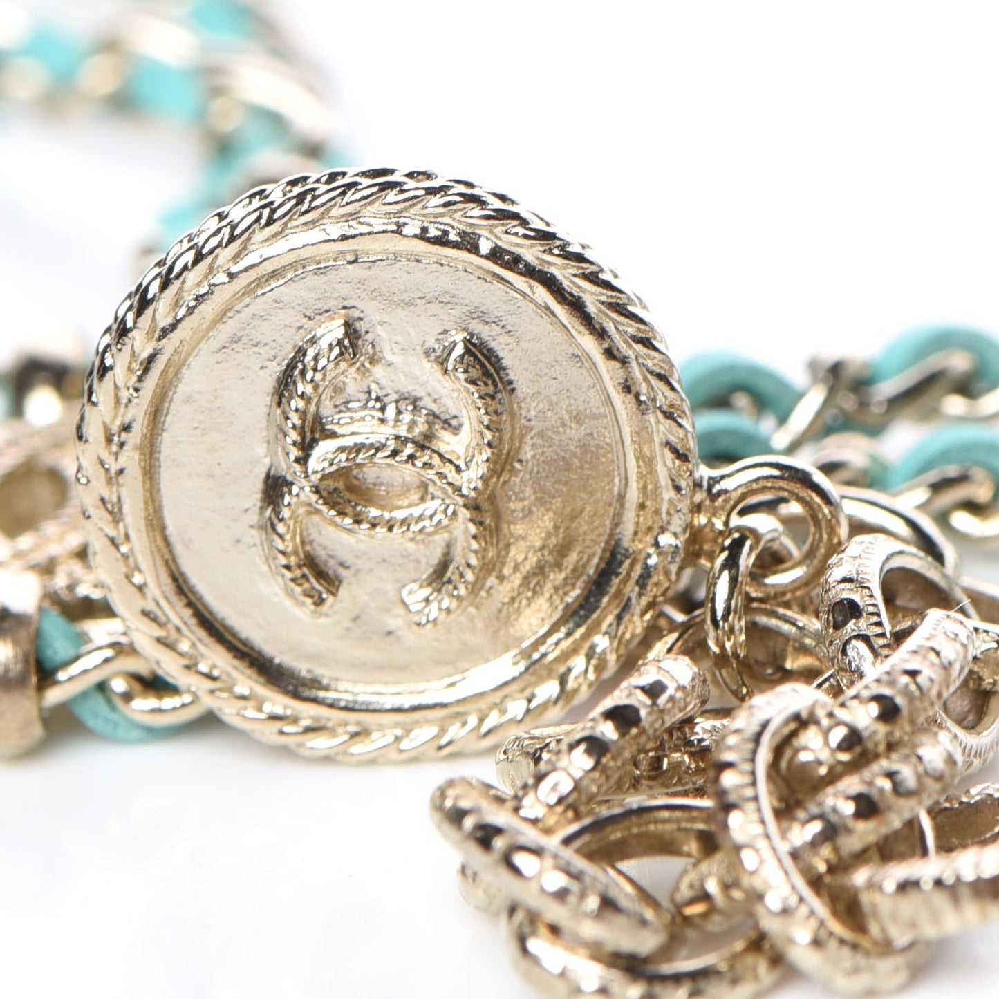 Metal Lambskin CC Chain Link Necklace Turquoise