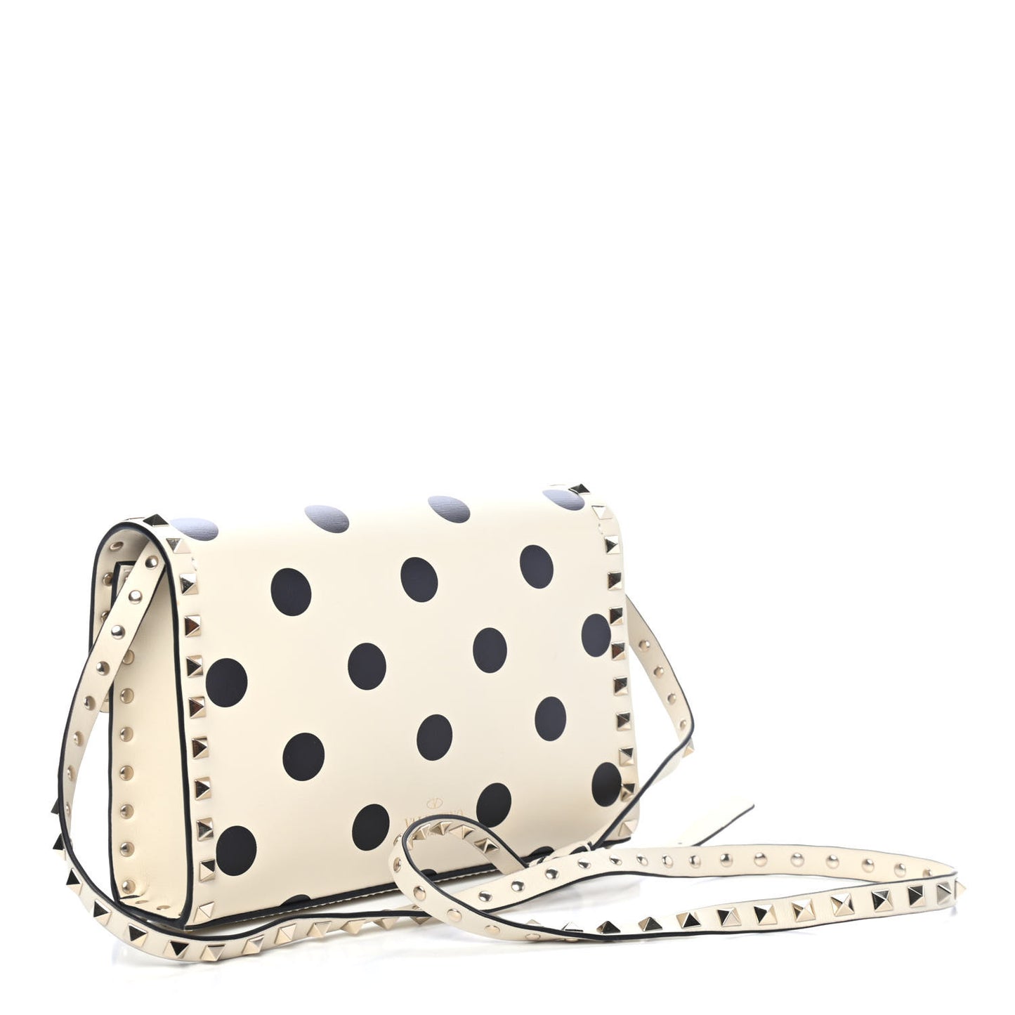 Vitello Polka Dot Medium Rockstud Flip Lock Crossbody Bag Light Ivory Black