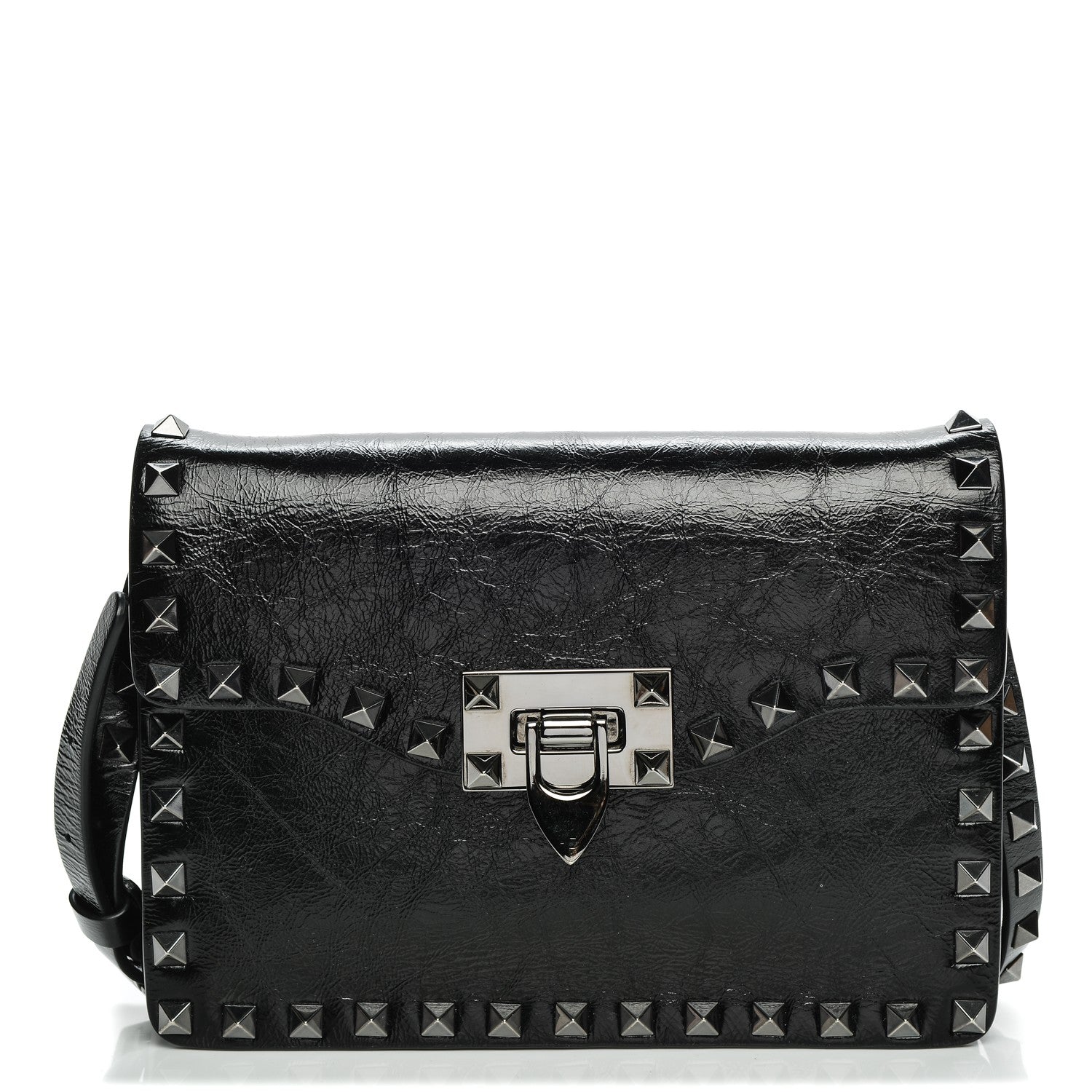Valentino Garavani Craquele Calfskin Rockstud Shoulder Flap Bag Black 1 of 6
