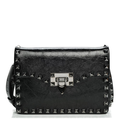 Valentino Garavani Craquele Calfskin Rockstud Shoulder Flap Bag Black 1 of 6