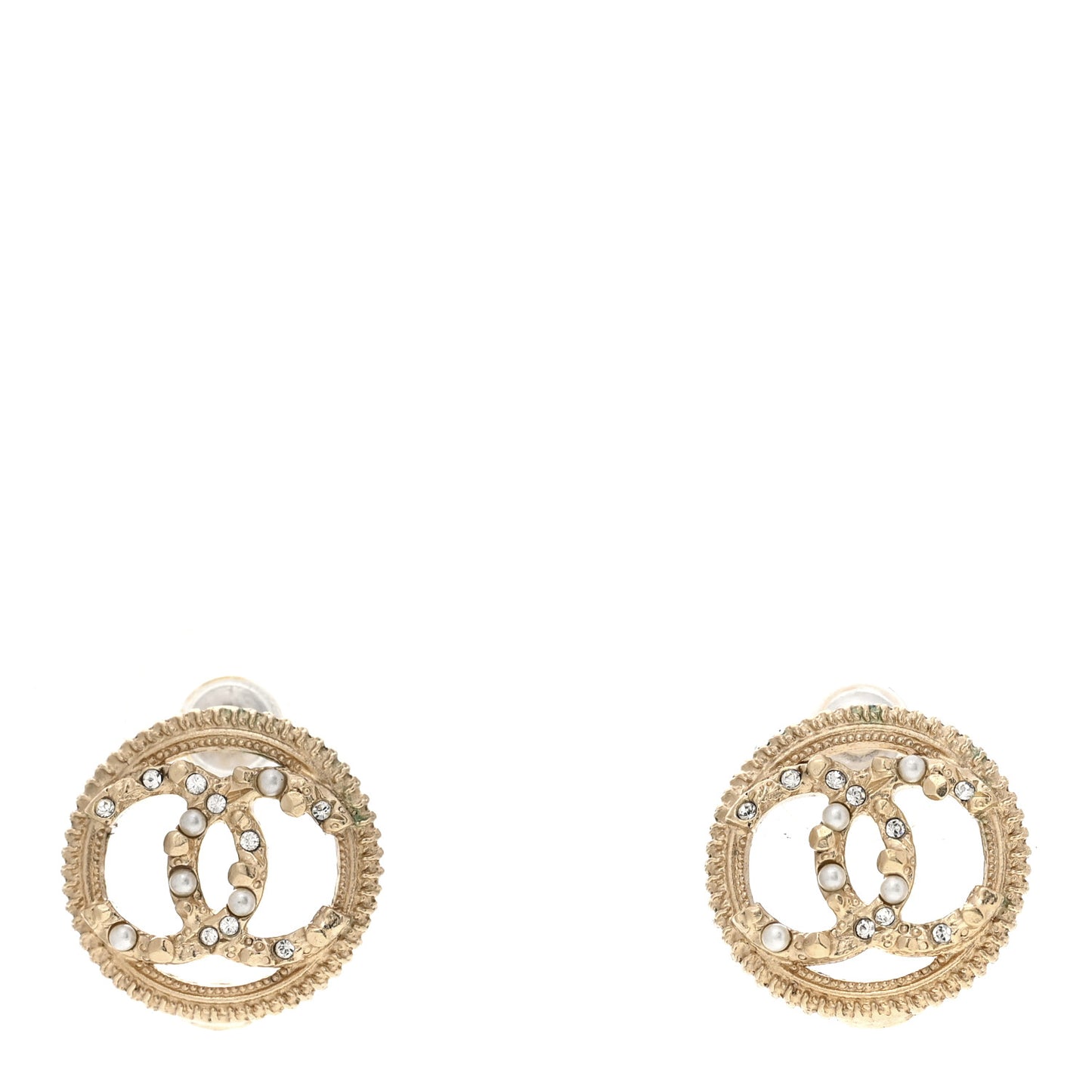 Pearl Crystal CC Round Earrings Gold