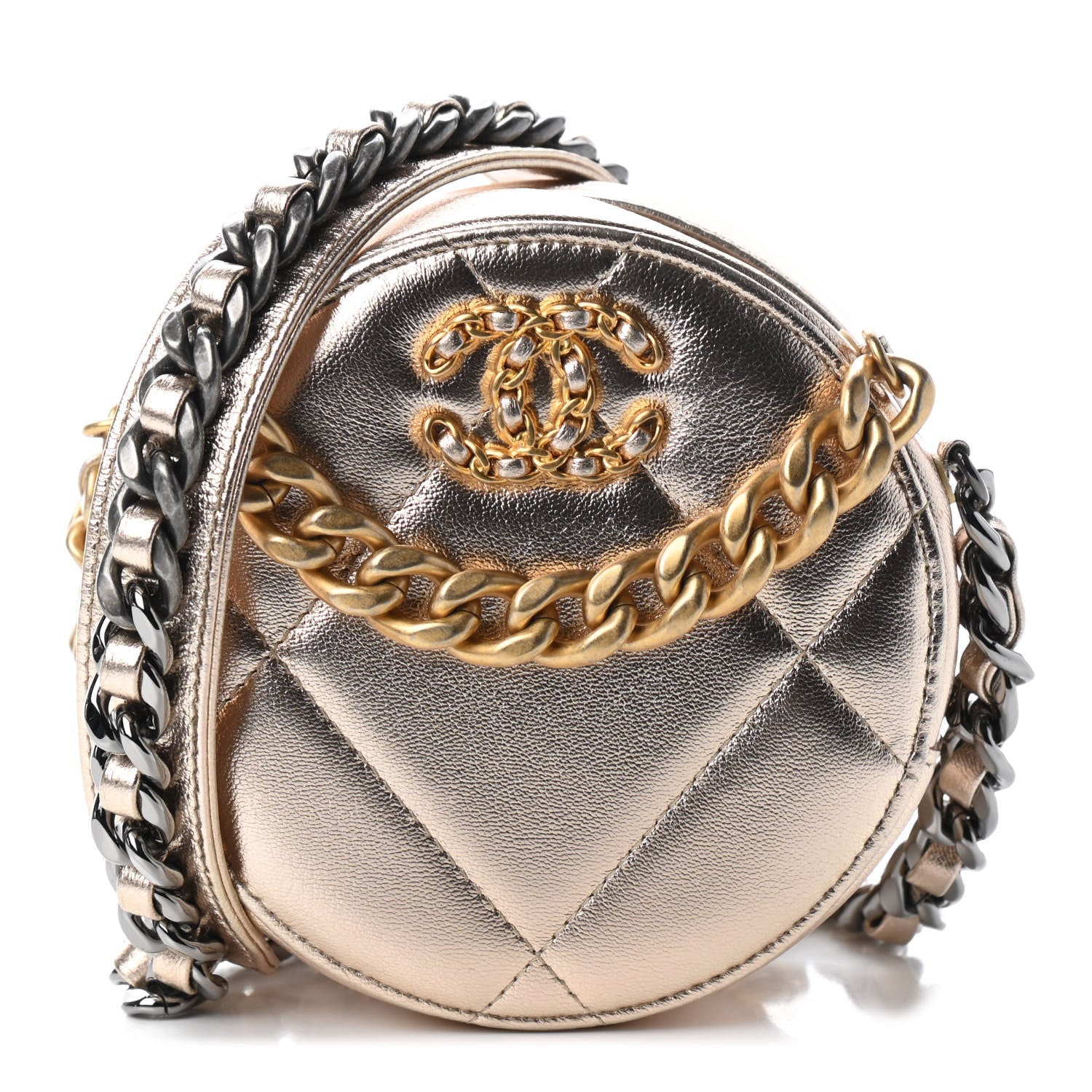 Chanel Metallic Lambskin Quilted Chanel 19 Round Clutch With Chain Gold 1 of 7