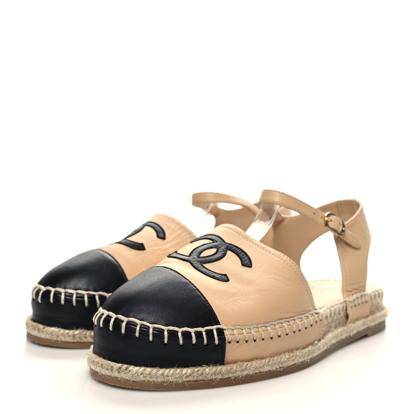 Lambskin Cap Toe CC Espadrille Sandals 40 Beige Black