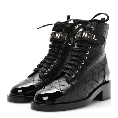 Chanel Lambskin Patent Calfskin Quilted Logo Lace Up Combat Boots 39.5 Black 4 of 9