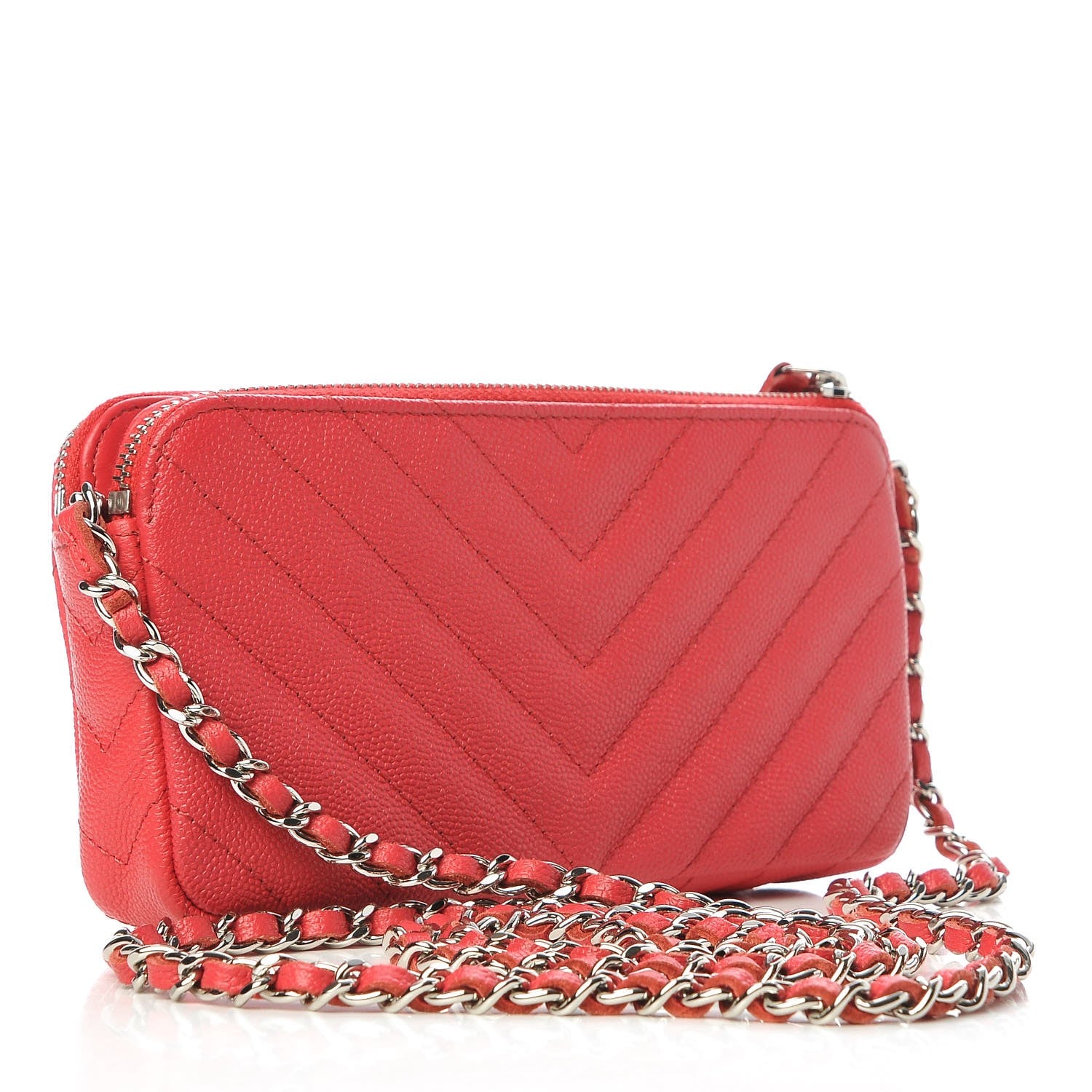 Chanel Caviar Chevron Quilted Small Clutch With Chain Light Red 3 of 11