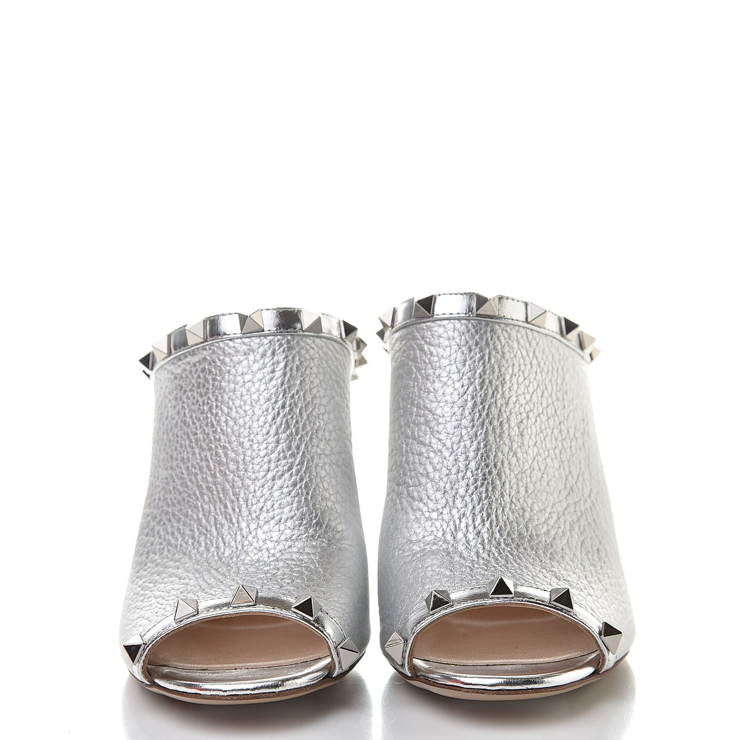 Metallic Pebbled Calfskin Rockstud High Heel Slide Sandals 37 Silver