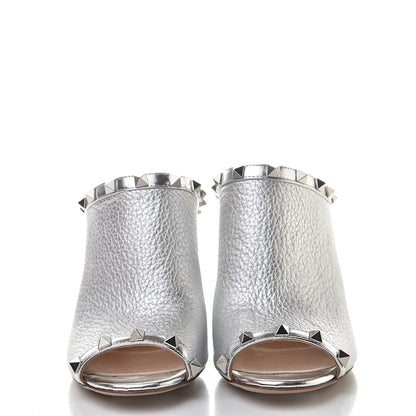 Valentino Garavani Metallic Pebbled Calfskin Rockstud High Heel Slide Sandals 37 Silver 2 of 10