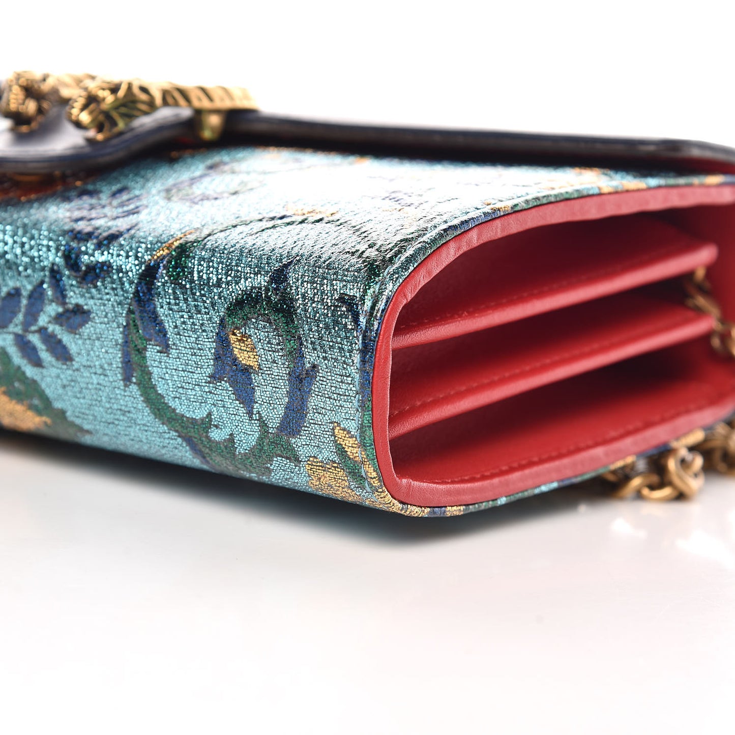 Metallic Brocade Calfskin Mini Dionysus Chain Wallet Black Blue Azure