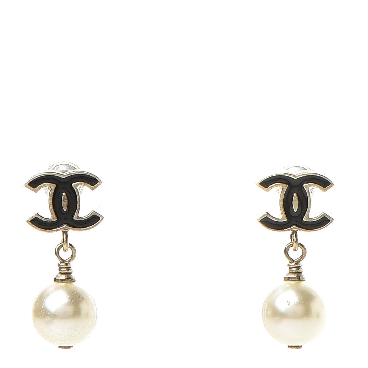 Chanel Pearl Enamel CC Drop Earrings Black Gold 1 of 5