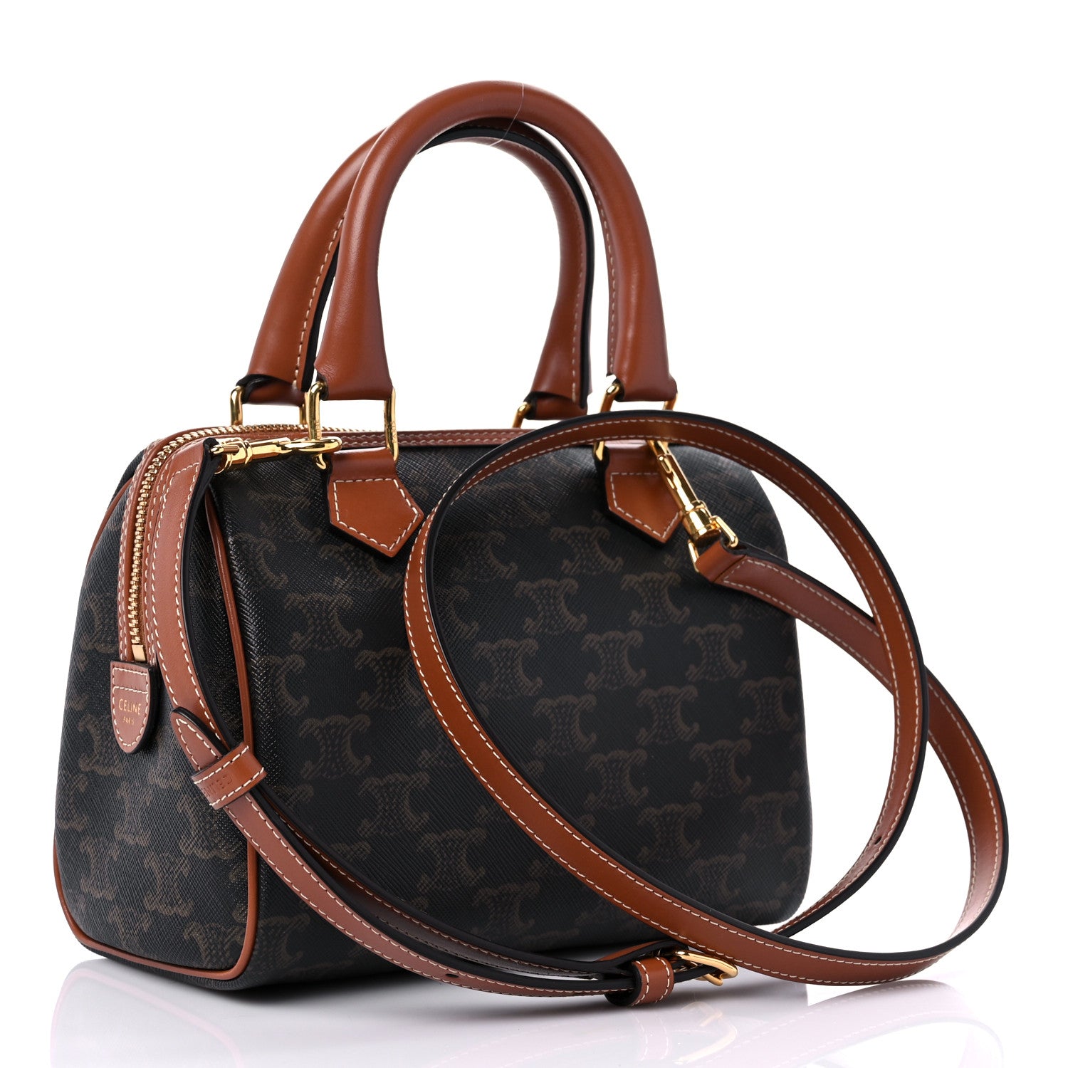 Celine Triomphe Canvas Calfskin Small Boston Bag Tan 3 of 10