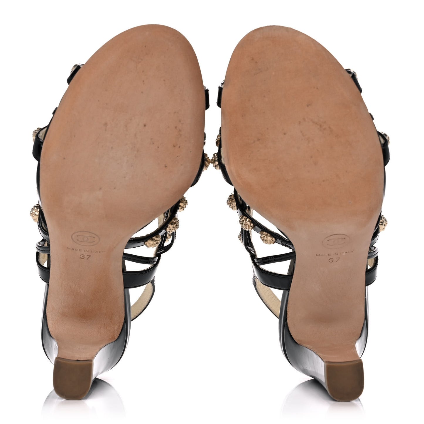 Patent Camellia Studded Strappy Sandals 37 Black