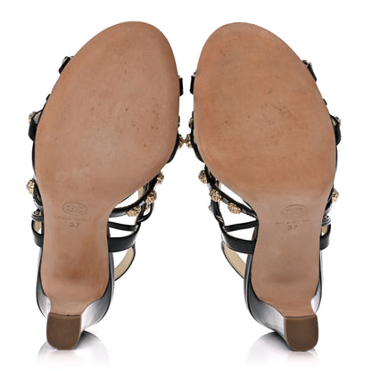 Chanel Patent Camellia Studded Strappy Sandals 37 Black 5 of 9