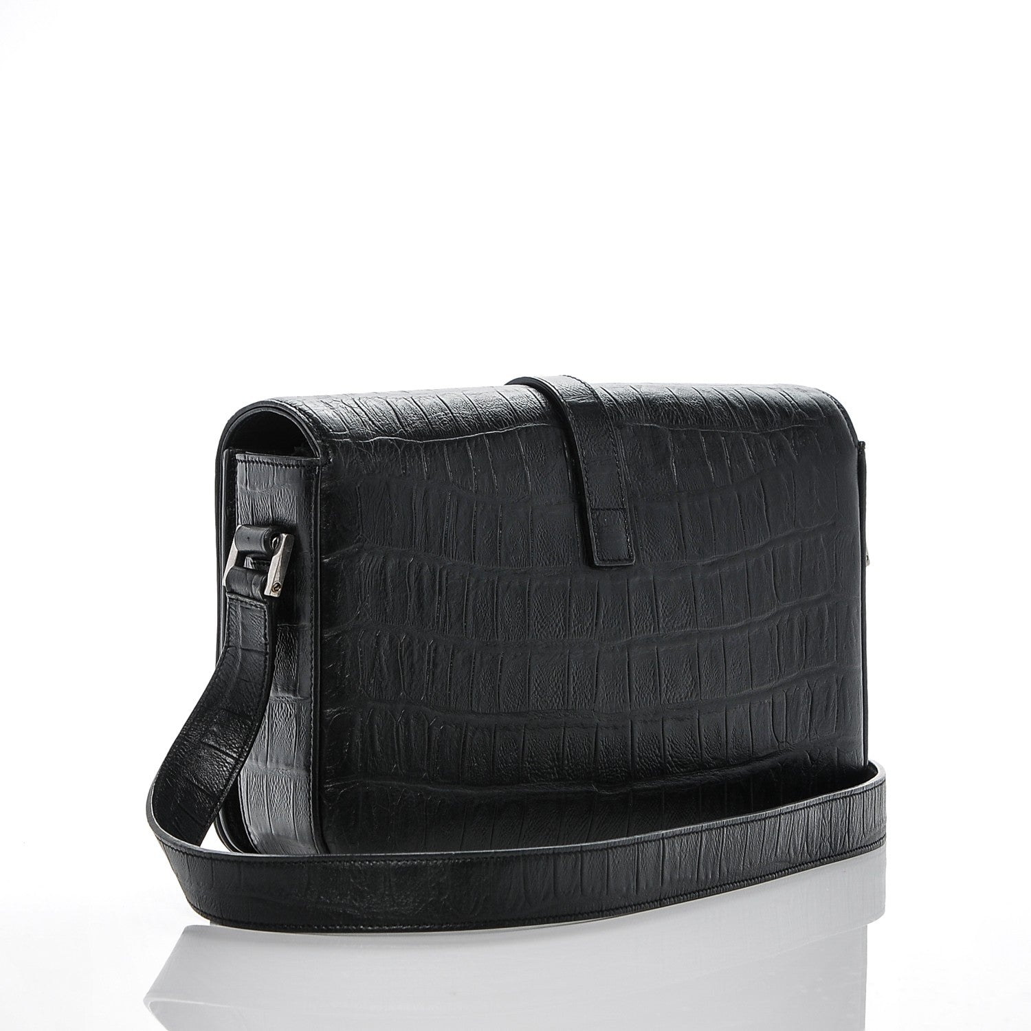 Saint Laurent Calfskin Crocodile Embossed Medium Monogram Universite Bag Black 3 of 7
