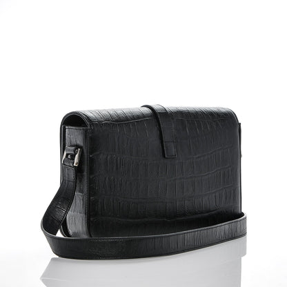 Saint Laurent Calfskin Crocodile Embossed Medium Monogram Universite Bag Black 3 of 7