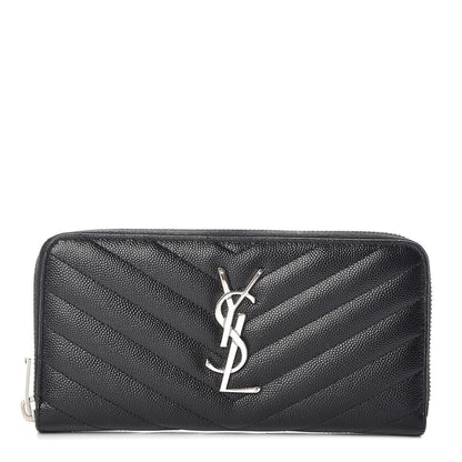 Saint Laurent Grain De Poudre Matelasse Chevron Monogram Zip Around Wallet Black 1 of 10