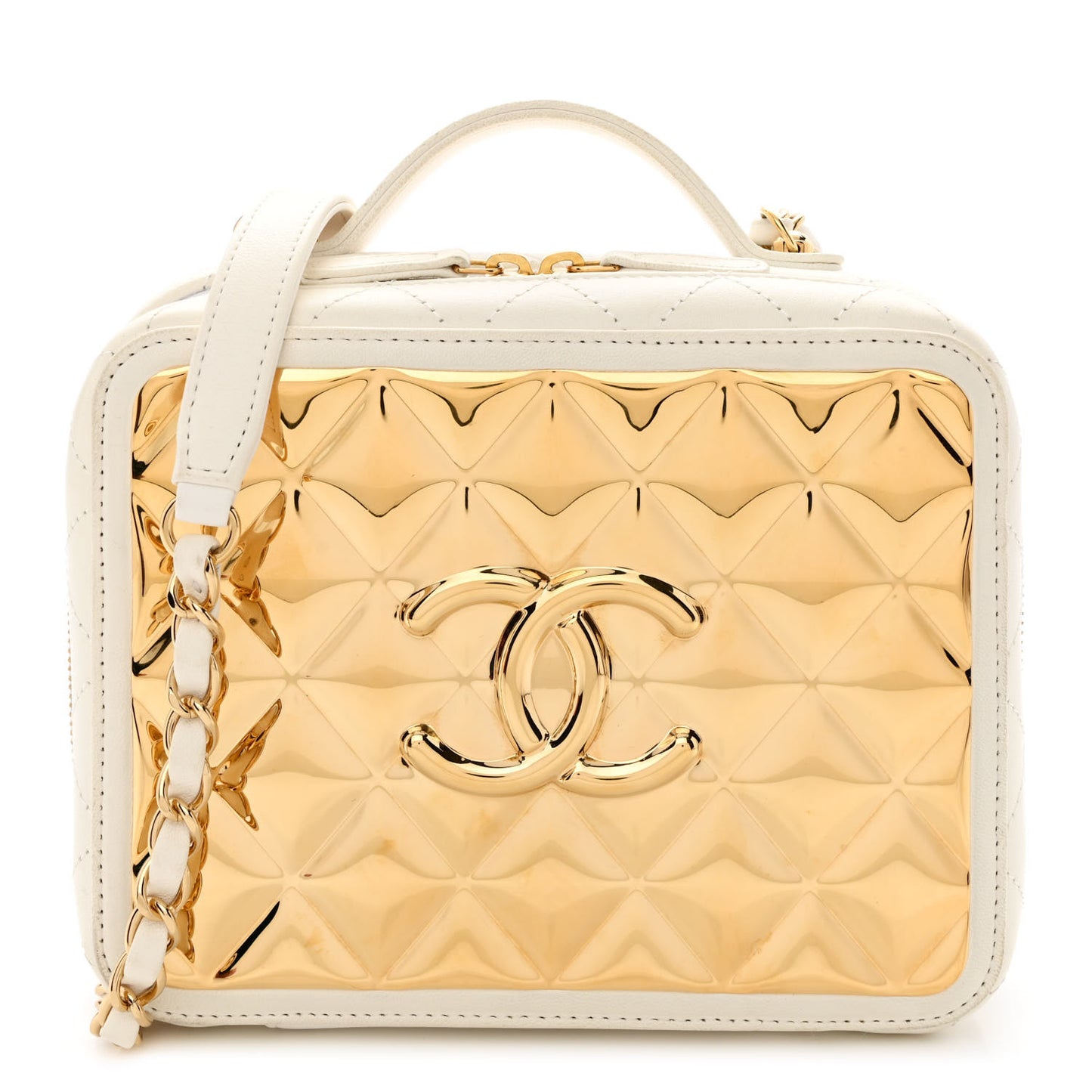 Lambskin Quilted Golden Plate Vanity Case White Gold