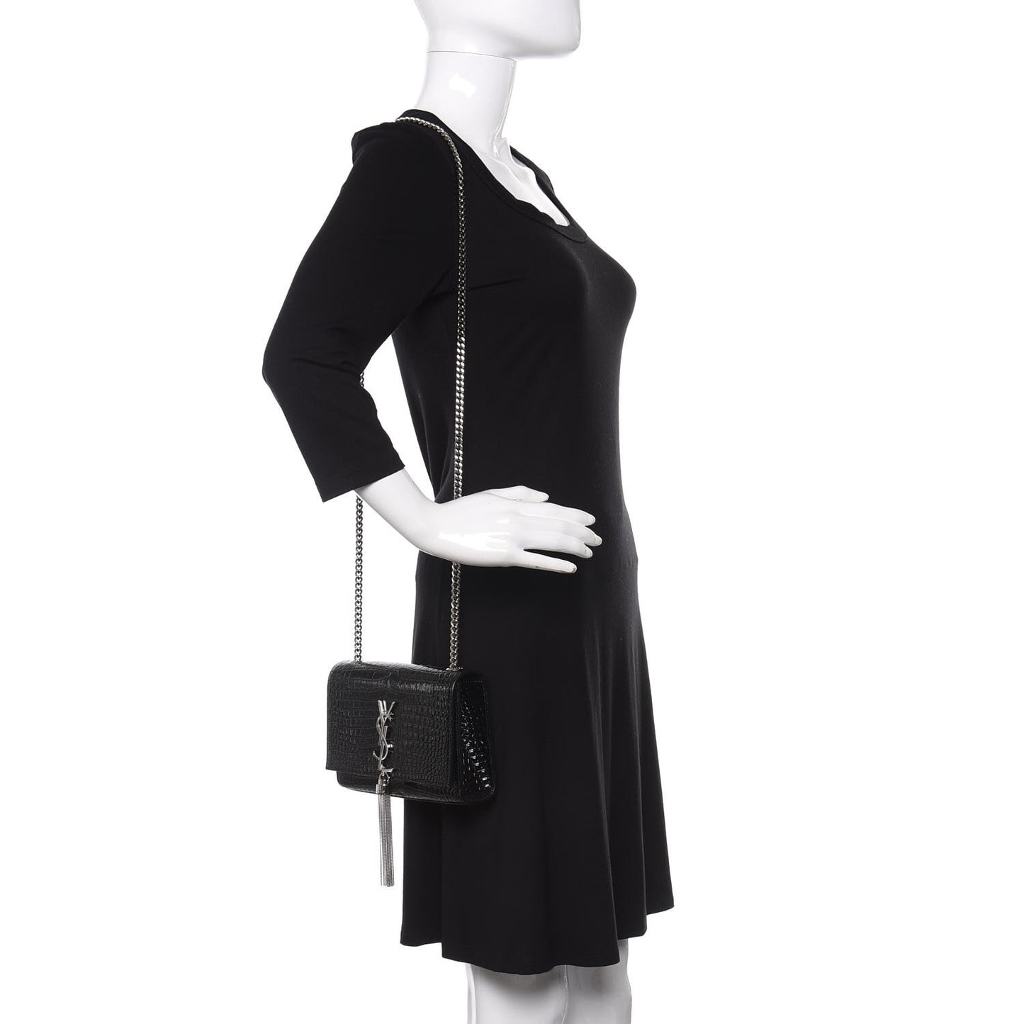 Calfskin Crocodile Embossed Small Classic Monogram Kate Tassel Satchel Black