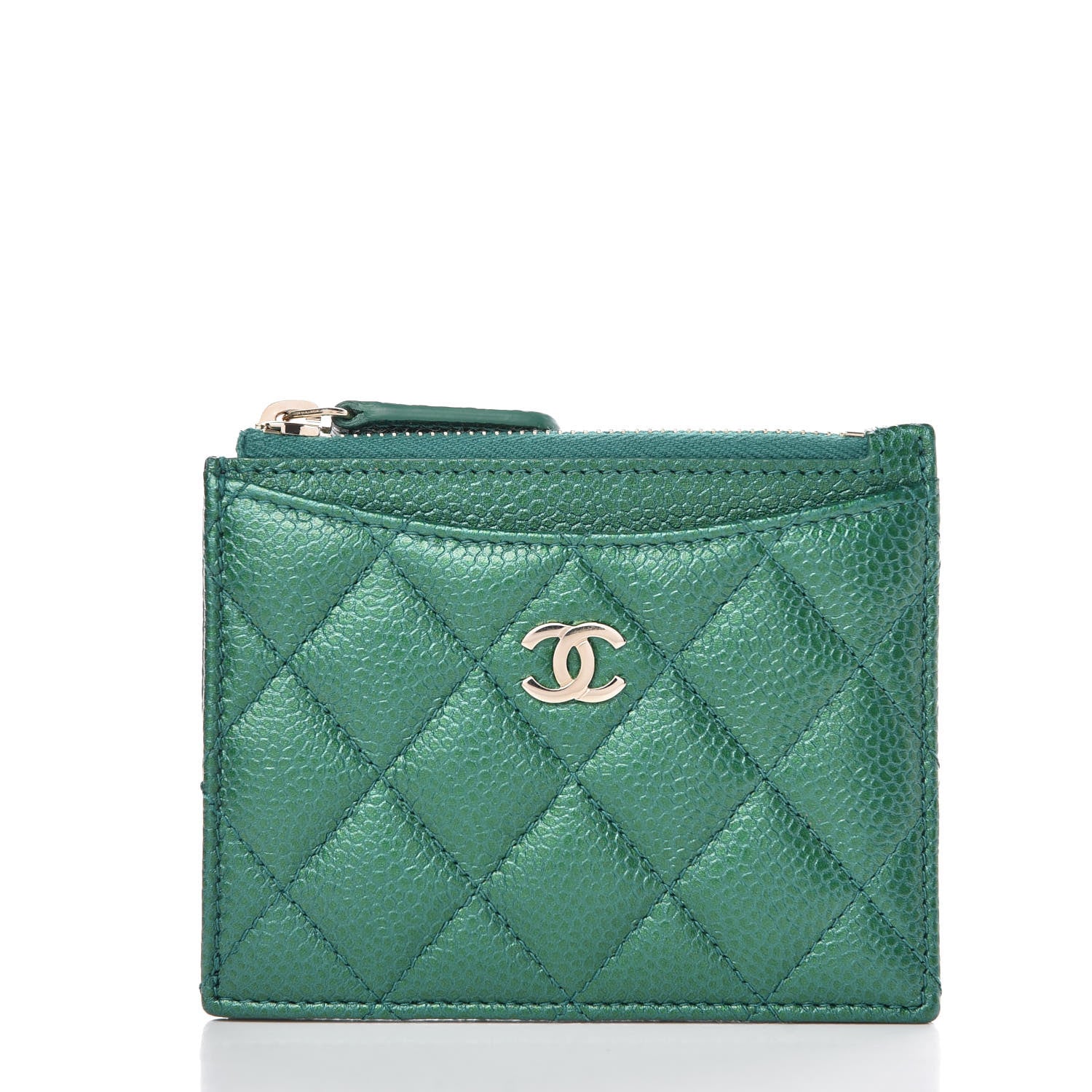 Chanel Metallic Caviar Quilted CC Zip Card Holder Green 1 of 8