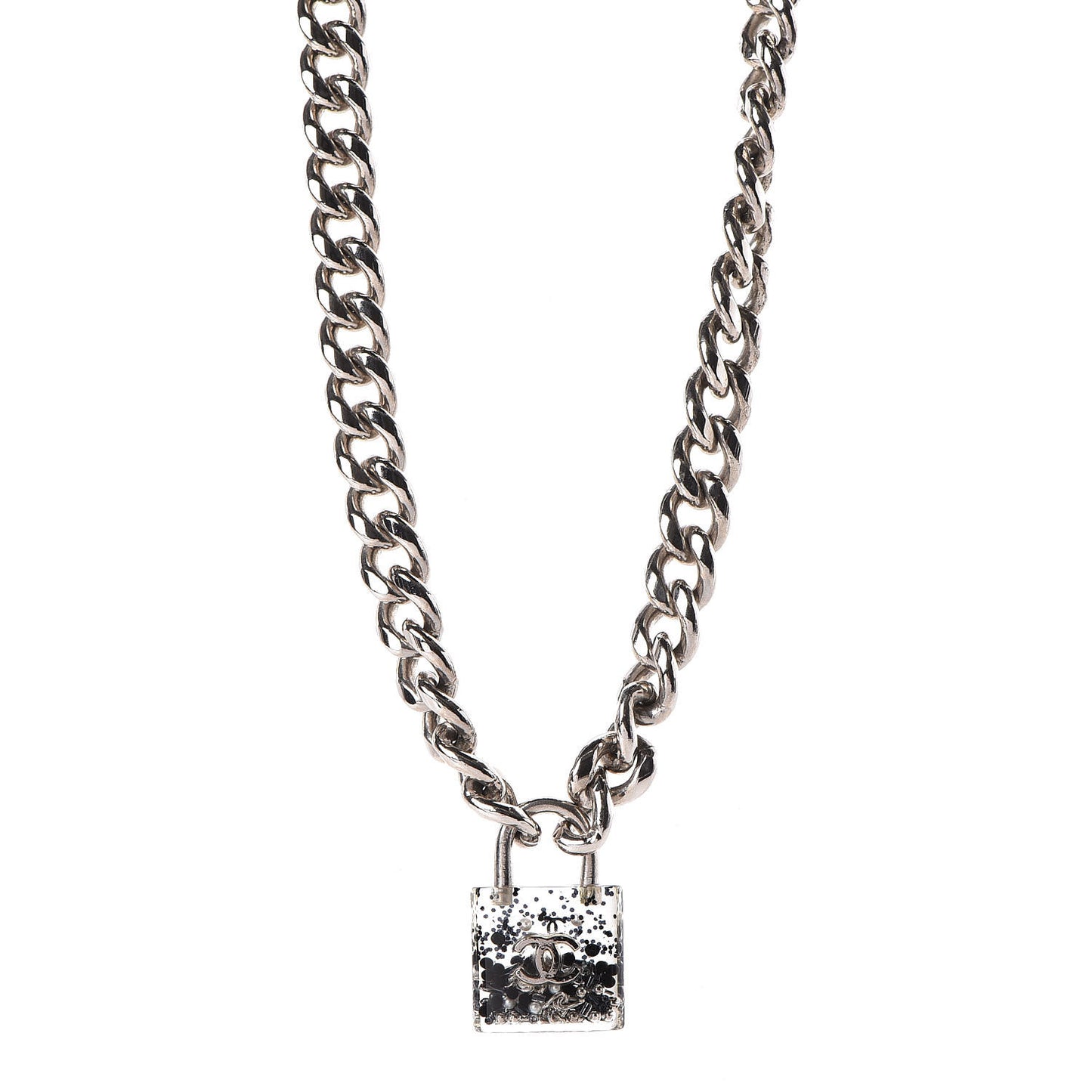 Resin CC Oversized Padlock Chain Necklace Silver Pearly White
