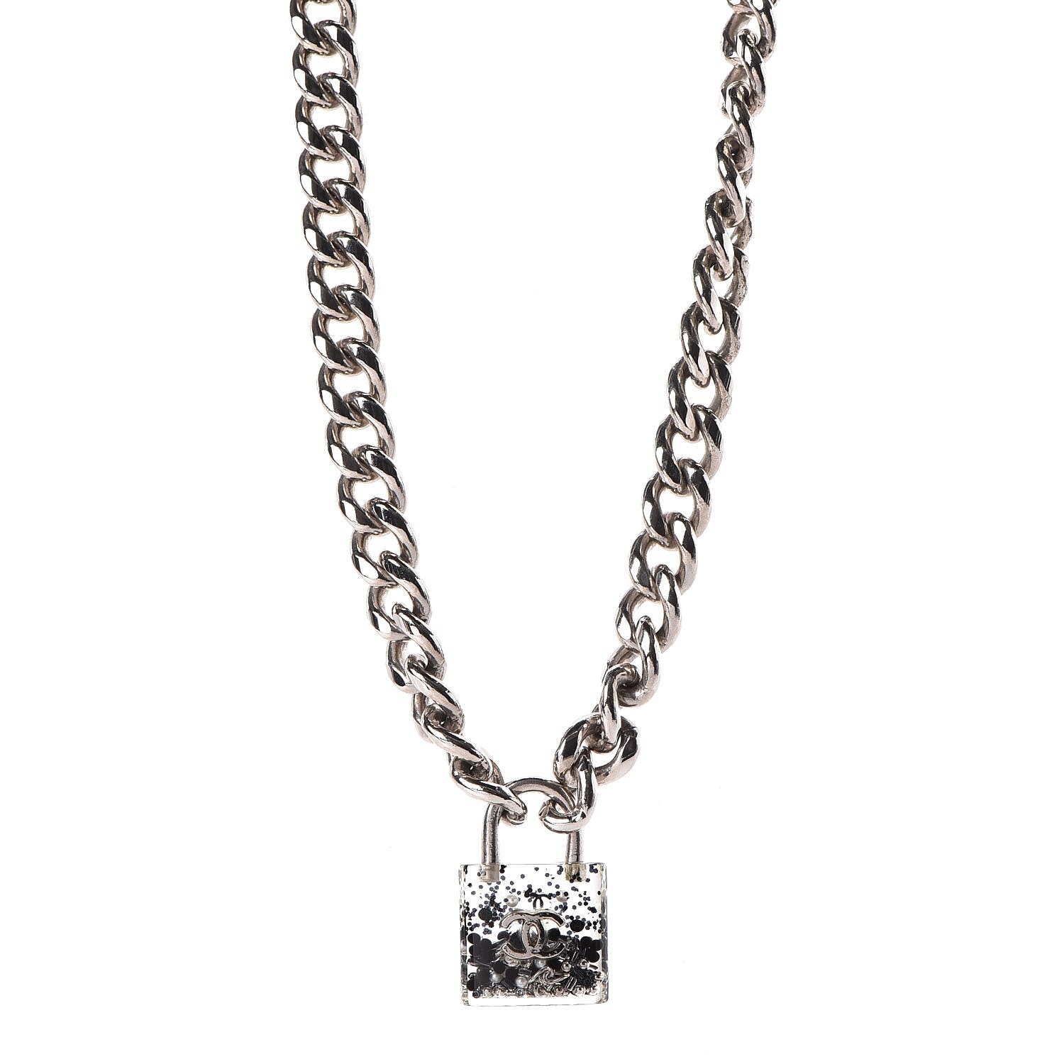 Chanel Resin CC Oversized Padlock Chain Necklace Silver Pearly White 1 of 7