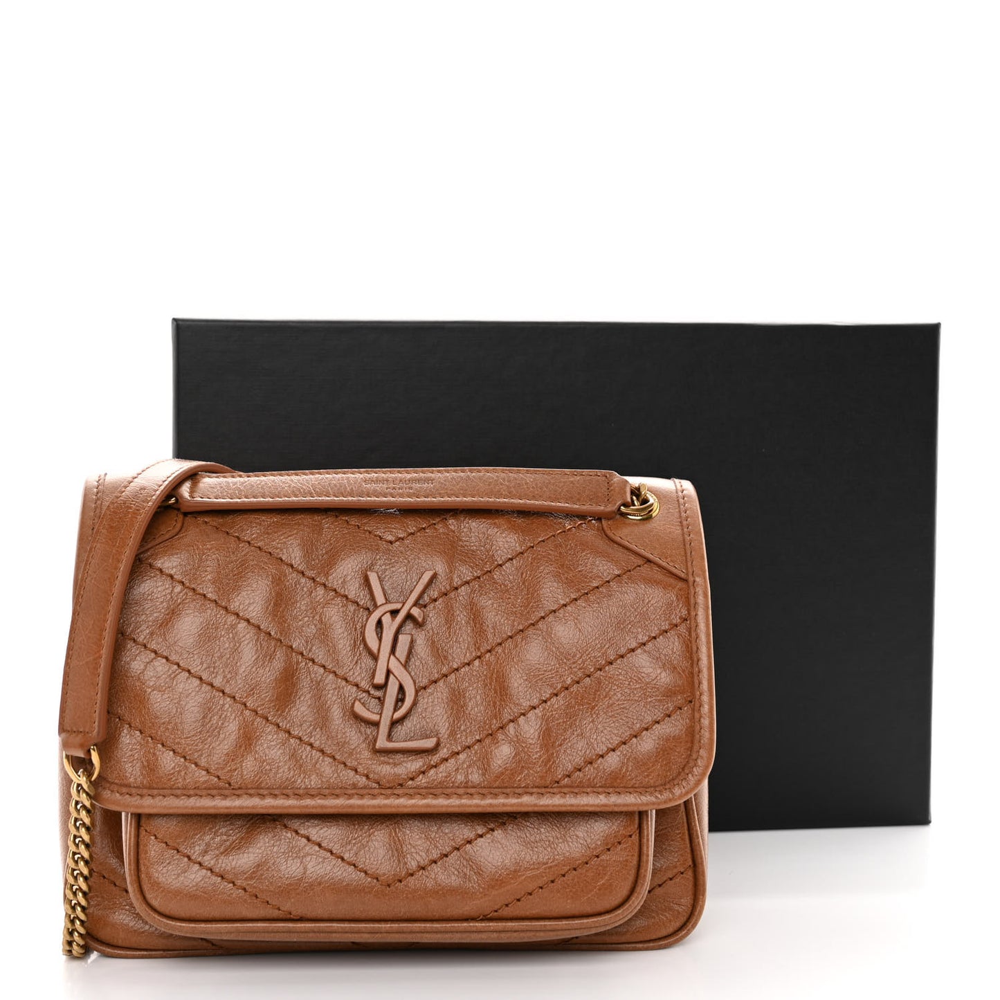 Crinkled Calfskin Matelasse Monogram Baby Niki Chain Satchel Light Caramel