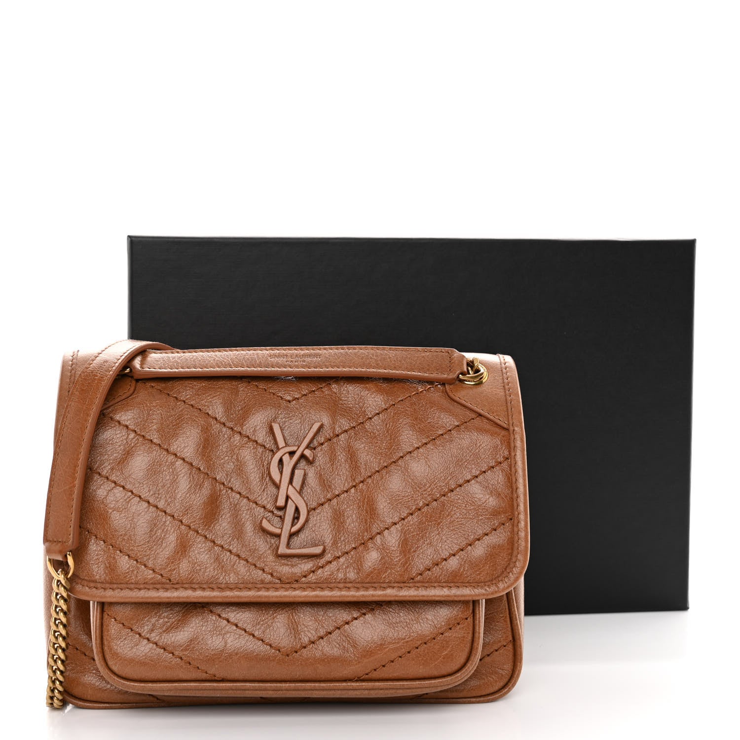 Saint Laurent Crinkled Calfskin Matelasse Monogram Baby Niki Chain Satchel Light Caramel 10 of 10