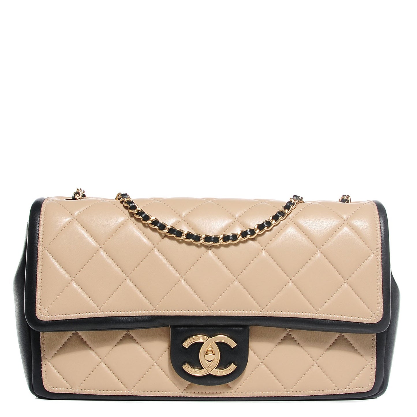 Lambskin Quilted Medium Graphic Flap Beige Black