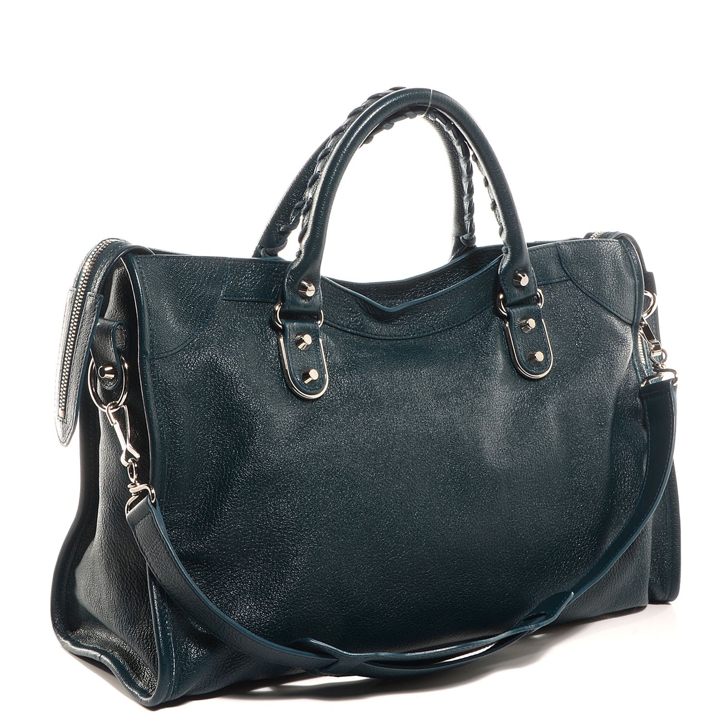 Shiny Goatskin Silver Metallic Edge Hardware City Bleu Paon