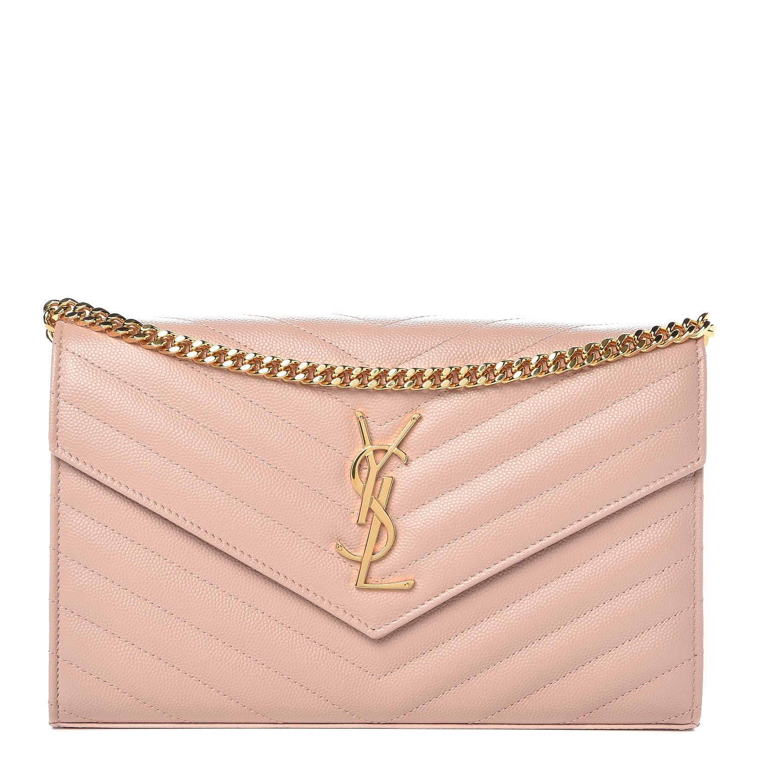 Saint Laurent Grain De Poudre Matelasse Chevron Monogram Chain Wallet Pale Pink 1 of 7