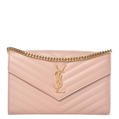 Saint Laurent Grain De Poudre Matelasse Chevron Monogram Chain Wallet Pale Pink 1 of 7